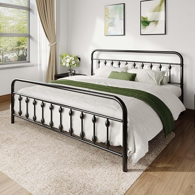 Allewie 14 Inches King Size Metal Platform Bed Frame with Victorian Style Iron-Art Headboard/Footboard, Mattress Foundation, Easy Assembly, Under Bed Storage, No Box Spring Required, Black