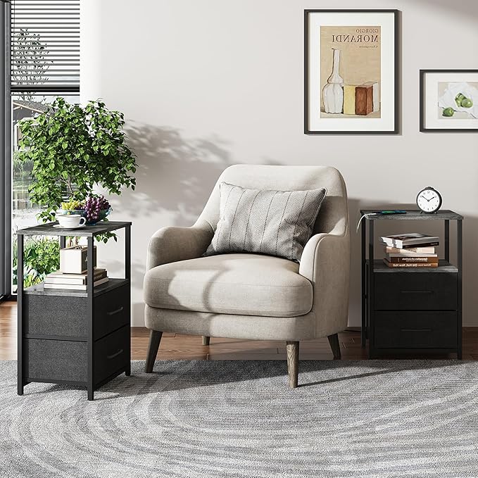 TUTOTAK End Table, Night Stand, Side Table, Nightstand with Cloth Drawer, Bedside Table for Livingroom, Bed Room, Charcoal Grey TB01BY087
