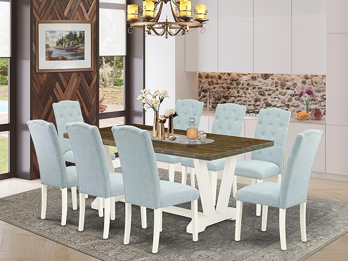 East West Furniture V077CE215-9 9 Piece Dining Room Set Includes a Rectangle Kitchen Table with V-Legs and 8 Baby Blue Linen Fabric Upholstered Parson Chairs, 40x72 Inch, Multi-Color