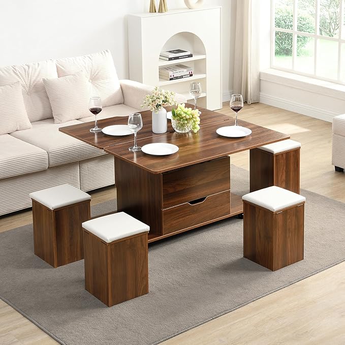 Merax Multi-Functional Lift-Top Coffee Table with Hidden Storage and Stools,Multi-Function Modern Center Table with 4 Stools and Casters,Perfect for Modern Living Spaces, Walnut & White