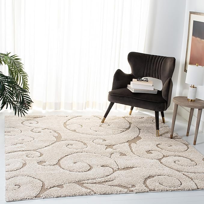 SAFAVIEH Florida Shag Collection Area Rug - 10' Square, Cream & Beige, Scroll Design, Non-Shedding & Easy Care, 1.2-inch Thick Ideal for High Traffic Areas in Living Room, Bedroom (SG455-1113)