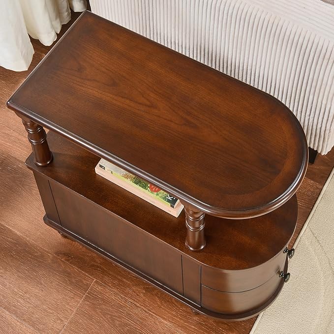 2 Set of Wood End Table with 2 Drawers and Storage Shelf, Narrow Sofa Side Table for Living Room, Vintage Slim Nightstand Bedside Table for Bedroom, Slim Chair Side Table Cherry Walnut A508CY