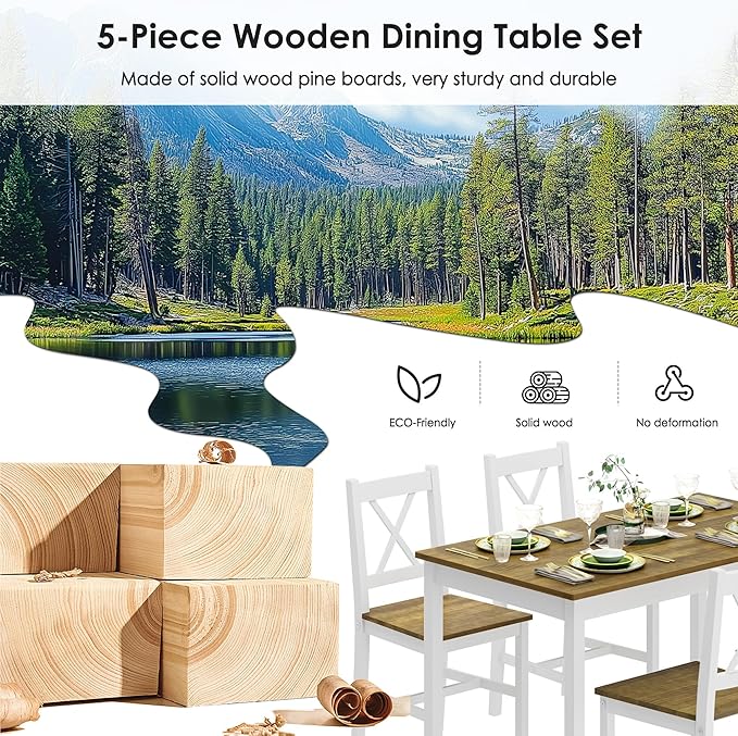 sogesfurniture Dining Table Set for 4，Dinette Set for 4 Small Space,5 Pieces Dining Table for Kitchen, Dining Room 42.5'', Pine Wood,Grey&Green