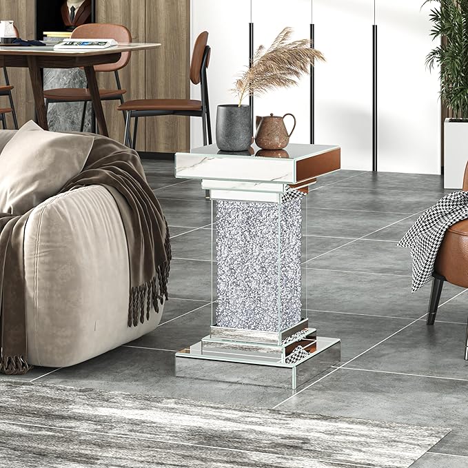 ENENE Mirrored End Table Crushed Diamond Coffee Table for Living Room Small Spaces Side Table for Bedroom Office Hallway Entryway