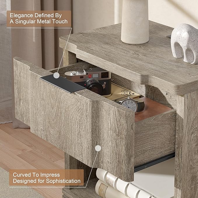 Night Stand with Charging Station, Wooden Mid Century Modern Nightstand with Drawer, Bed Side Table with Storage, Large Rustic Farmhouse End Tables for Bedroom Living Room Office