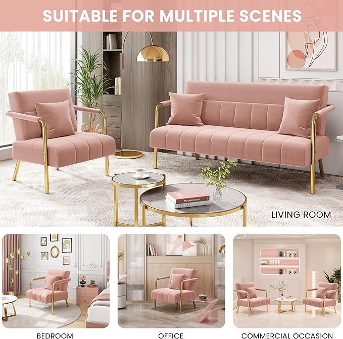 Yaheetech 30" W Modern Sofa Small Sofa Luxurious Velvet Fabric Couch with Gold-Tone Metal Arms and Legs for Living Room, Home Office, Studio Pink