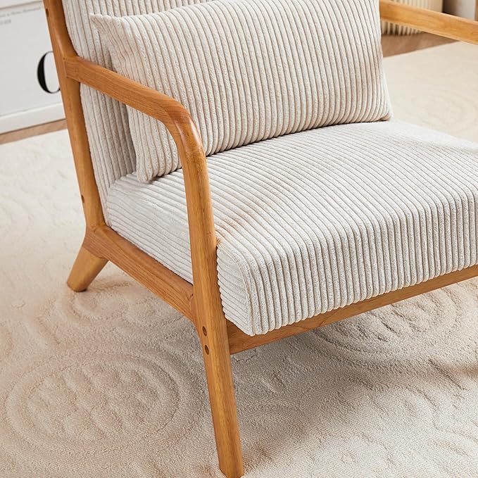 Ball & Cast Living Room Chair with Pillow,Mid-Century Modern Armchair w/Solid Wood Frame & Extra-Thick Backrest,Upholstered Reading Accent Chair for Bedroom,Beige