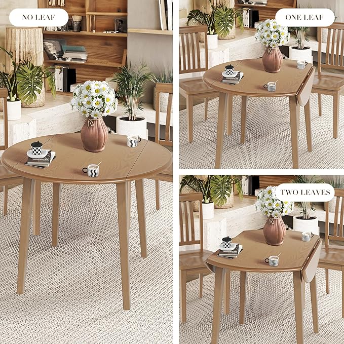 COLAMY 3-Piece Extendable Dining Table Set for 2, 36" Kitchen Round Wood Table with 2 Tufted Dining Room Chairs,Light Brown/Blue