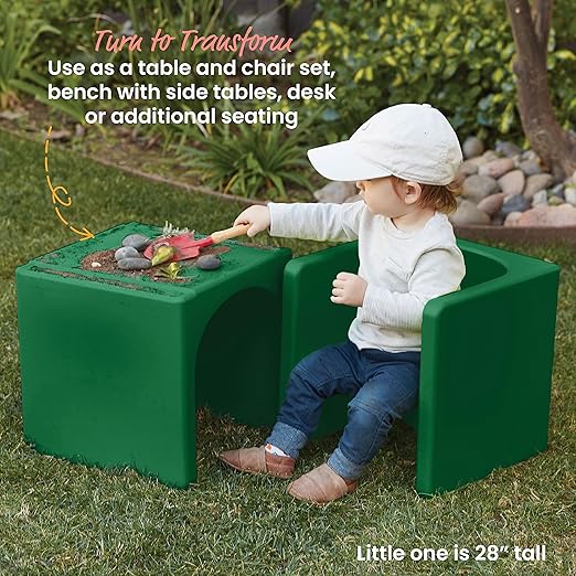 ECR4Kids Tri-Me Table and Cube Chair Set, Multipurpose Furniture, Green, 3-Piece