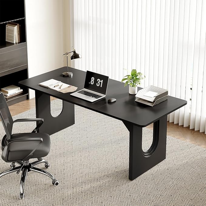 LITTLE TREE 70.8-Inch Home Office Desk, White Computer Desk with Storage, Study Writing Work Desk for Home Office, Spacious Modern Simple Desk, Black