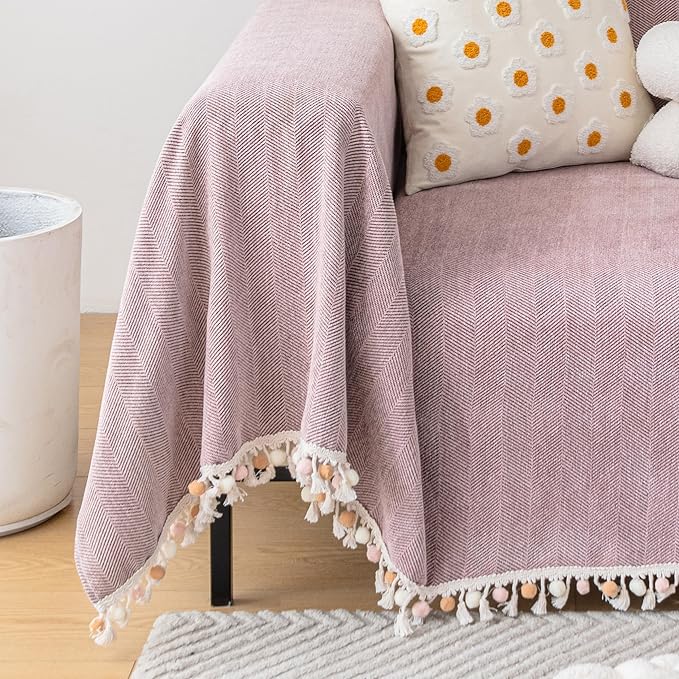 HANDONTIME Boho Chenille Sofa Cover for 3 Cushion Couch - Pink-Purple Tassel Throw for Dogs, Mauve, 91" X 118"