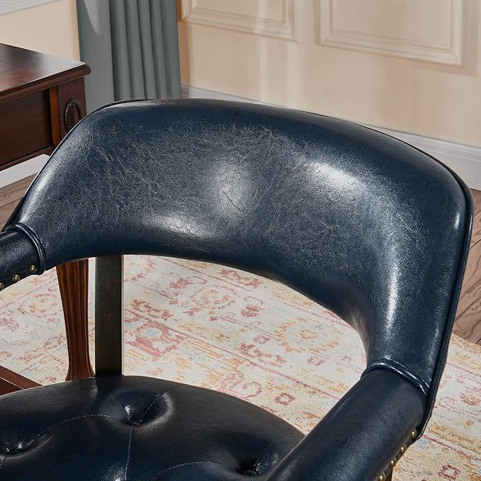 LEEMTORIG Large Dining Chairs with Casters and Arms, Rolling Dining Chairs with Wheels, Solid Wood Boss Caption's Chairs Office Desk Chairs, 26" D x 25.2" W, Espresso Legs & Dark Blue PU SY-318-LB