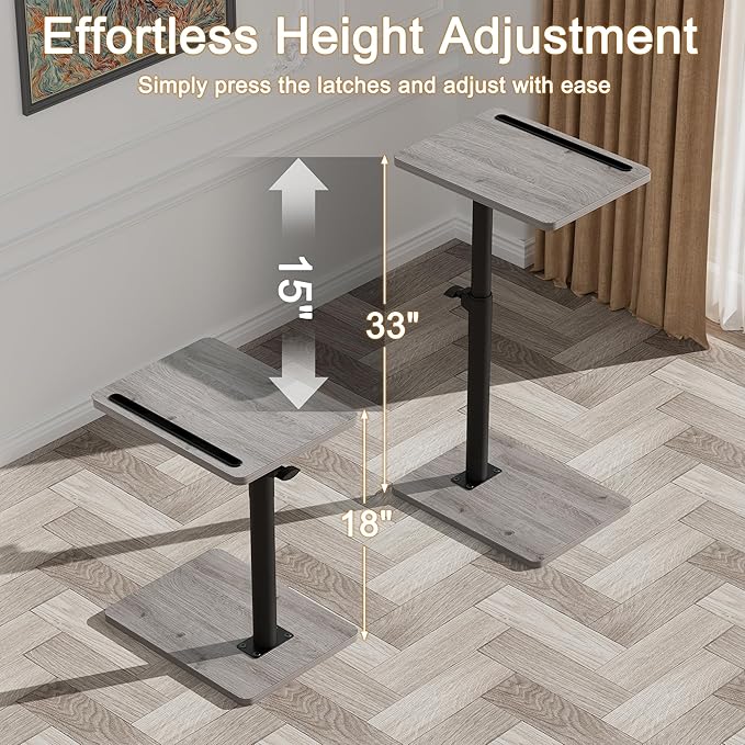 Sofa Armrest Tray Table for Couch - 360° Swivel Height Adjustable End for Small Spaces, Snack Side Table for Bed or Chair with Phone & Tablet Slot (Gray,Standard)