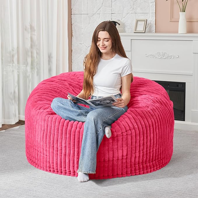 HABUTWAY 3FT Bean Bag Chair, 3' Large Bean Bag Chairs for Adults with Removable Stripe Plush Cover, Memory Foam Beanbag Chair for Living Room Bedroom Dorm (Pink)