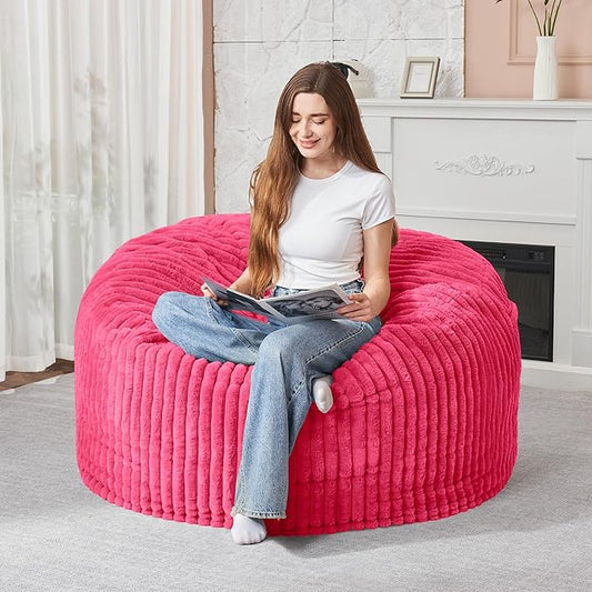 HABUTWAY 3FT Bean Bag Chair, 3' Large Bean Bag Chairs for Adults with Removable Stripe Plush Cover, Memory Foam Beanbag Chair for Living Room Bedroom Dorm (Pink)