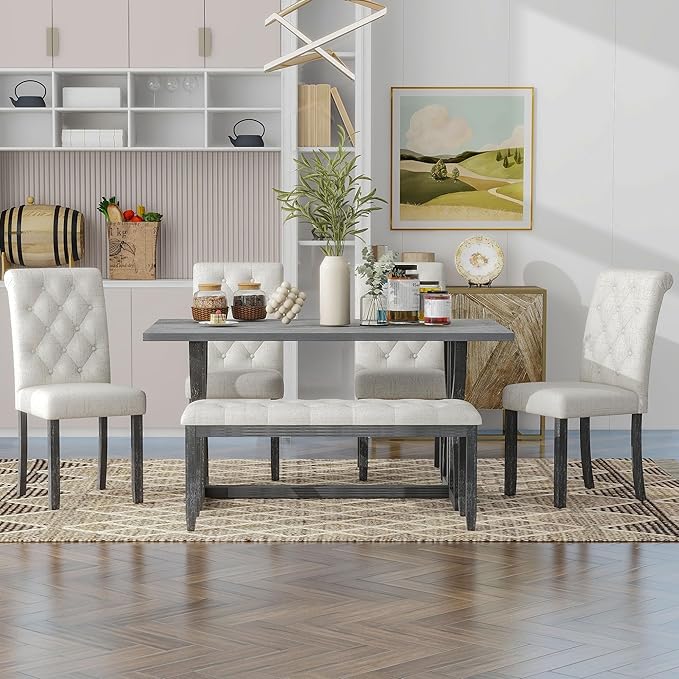 Ball & Cast 6-Piece Dining Table Set, 60" Rectangular Dining Table with 4 Upholstered Chairs & 1 Bench for Dining Room and Kitchen Gray Wash