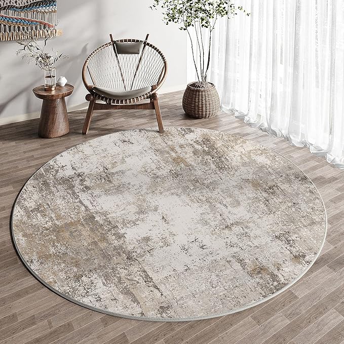4x4 Washable Round Rug Brown Grey Neutral Abstract Entryway Non Slip Low Pile Area Rug Living Room Bedroom Indoor Doormat Soft Carpet for Entrance Bathroom Office Kitchen