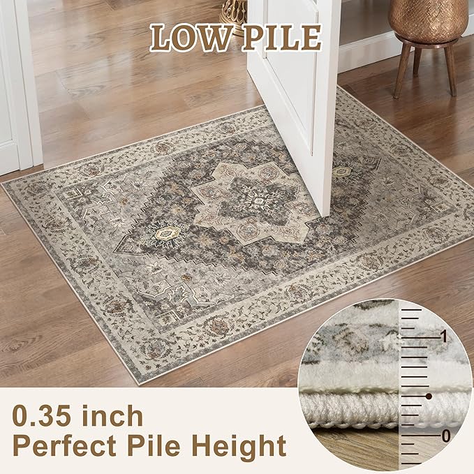Tangsoo 5x7 Area Rug Washable Rug for Living Room, Vintage Indoor Non Slip Large Area Rugs, Print Distressed Brown/Grey Carpet, Soft Low Pile Foldable Floor Rug for Bedroom Dining Room Dorm