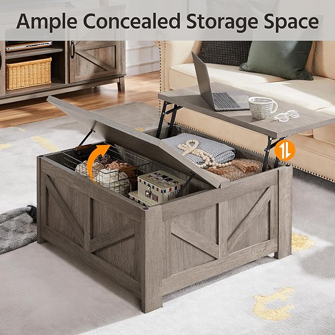 Yaheetech Lift Top Coffee Table, Square Farmhouse Coffee Table with Hidden Storage Compartment, Wood Center Table for Living Room, Home Office, Gray