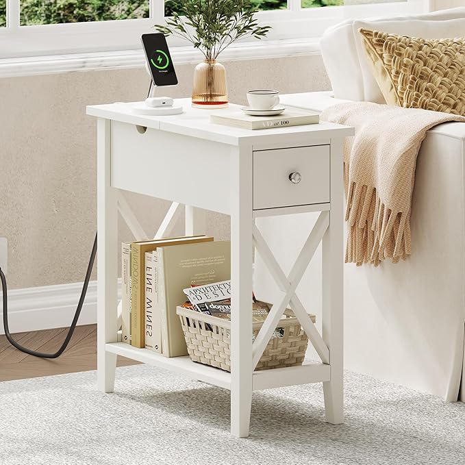 ChooChoo End Table with Charging Station, Narrow Side Table with USB Ports and Outlets, Nightstand with Drawer, for Small Spaces, Bedside Tables for Living Room White