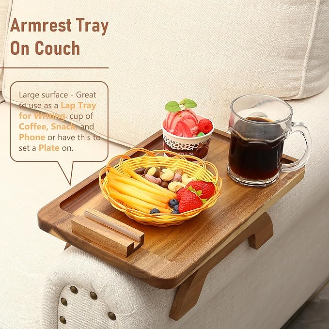 SINWANT Couch Arm Table, Acacia Wood Sofa Arm Rest Tables Couch Armrest Table with 360° Phone Holder,Portable Sofa Armrest Tray for Drink Snacks