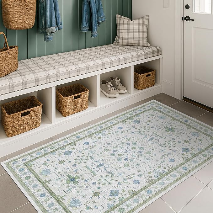 Blue and Green Washable Rugs 3x6 - Vintage Boho Floral Pastel Cream, Washable Low Pile Non Slip Small Throw Accent Area Rug for Entry Way, Laudry Room, Kitchen, Bedroom Beside Bed Decor