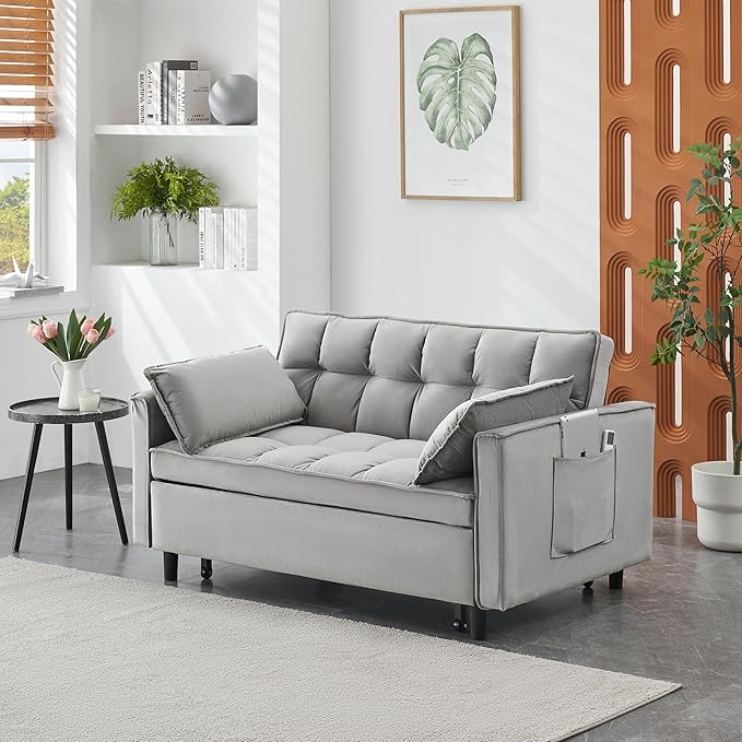 Ball & Cast Velvet Futon Sofa Couch with Pull-Out Bed,3 in 1 Convertible Sleeper Sofa Bed,Convertible Pull Out Couches W/2 Pillows,Adjustable Backrest & Side Pocket,for Living Room,Apartment,Gray,55"
