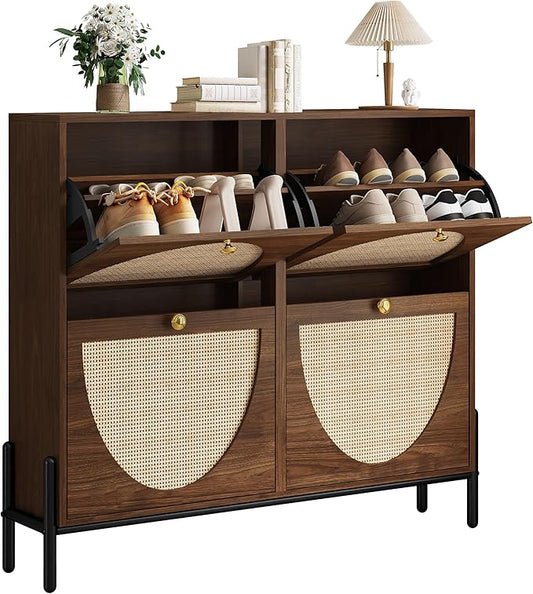 IRONCK Rattan Shoe Cabinet Storage with 4 Flip Drawers, Freestanding Shoe Storage Organizer Cabinet for Entryway, Narrow Shoe Rack Cabinet, Walnut