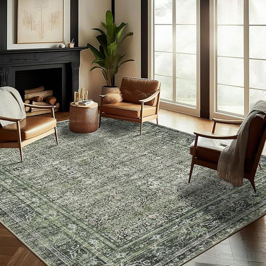 Washable Area Rug 9'x12' Retro Boho Design Non-Shedding Easy Care Ideal for High Traffic Areas in Living Room Bedroom Office Coffee Table Kitchen Large Carpet