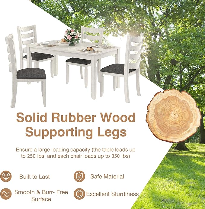 Solid Wood Dining Chair Set of 6, Kitchen Dining Room Chair with Upholstered Cushion & Wooden Legs, Modern Wood Side Chairs for for Kitchen, Washed Gray