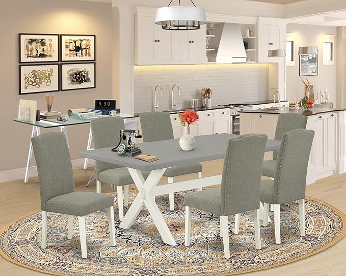 East West Furniture X097EN206-7 7 Piece Dining Room Table Set Consist of a Rectangle Kitchen Table with X-Legs and 6 Dark Shitake Linen Fabric Parson Dining Chairs, 40x72 Inch, Multi-Color