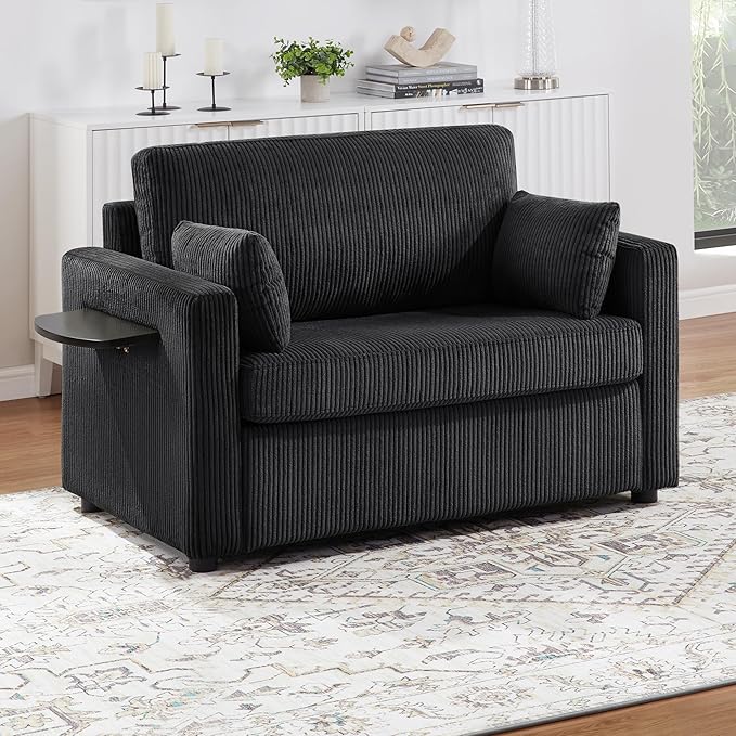 Twin Size Sofa Bed 47.2" Sleeper Sofa Loveseat Sofa with a Foldable Mattress, a Foldable Side Table, a Side Storage Pocket and Two USB Ports for Living Room, Black