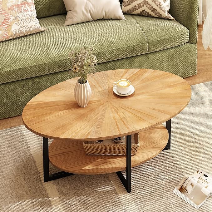 Solid Wood Oval Coffee Table with Cross Metal Legs, 43.3in Modern Industrail Center Table with Open Shelf Cocktail Tea Table for Living Room Bedroom, Natural Wood Color KFZ-1811-OA