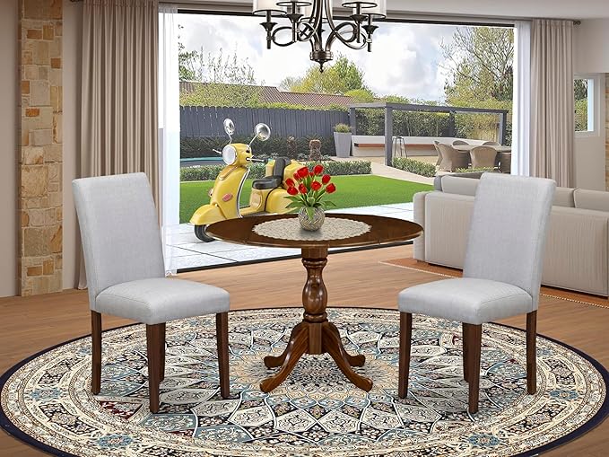 East West Furniture DMAB3-AWA-05 3 Piece Dinette Set for Small Spaces Contains a Round Dining Table with Dropleaf and 2 Grey Linen Fabric Parson Dining Chairs, 42x42 Inch, Walnut