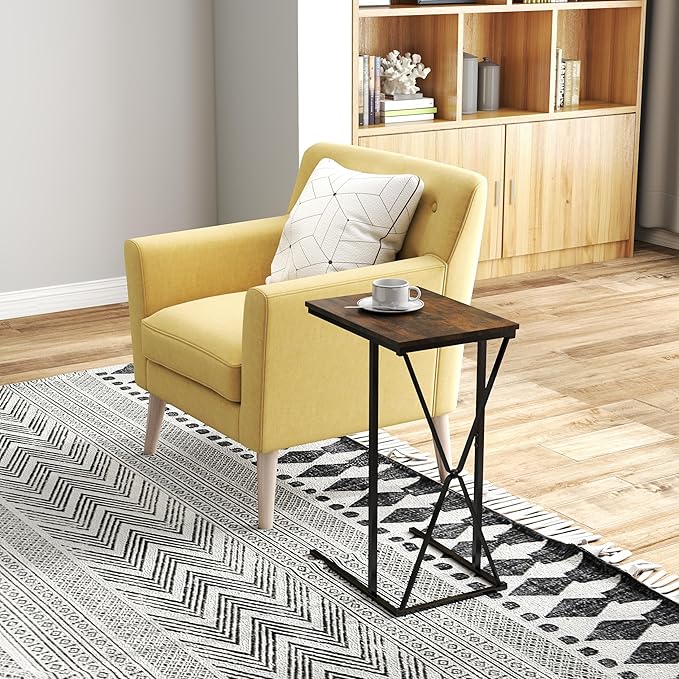 Manora TV Dinner Tray Table, C Shaped End Table for Couch, Rustic Brown Slide Under Couch Table for Small Space, Living Room or Bedroom