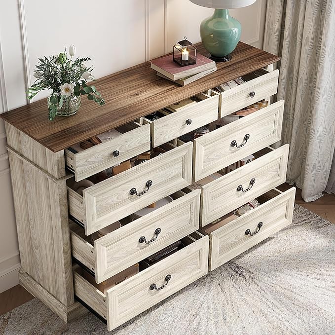 LINSY HOME 9 Drawers Dresser for Bedroom, 54" Wide Wooden Storage Chest with Antique Handles, Modern Farmhouse Large Dresser TV Stand, Chest of Drawers for Closet, Living Room, Hallway, Beige
