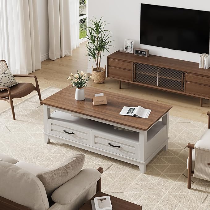 GarveeHome Farmhouse Coffee Table with Drawers, 47.2" Center Table Rustic Coffee Tables White Brown Living Room Table, with Open Shelf and 6 Support Legs