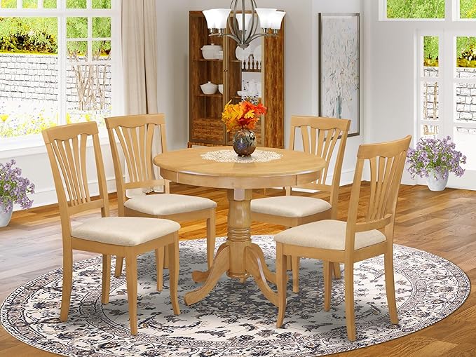 East West Furniture ANAV5-OAK-C 5 Piece Kitchen Table Set for 4 Includes a Round Dining Table with Pedestal and 4 Linen Fabric Dining Room Chairs, 36x36 Inch, Oak