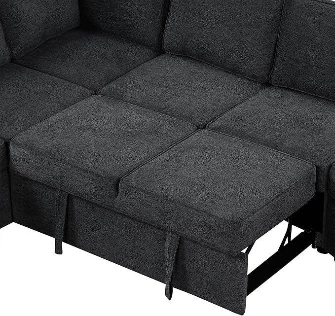 126" Extra Large Pull-Out Sofa Bed with Drop-Down Cup Holder Tables,L-Shaped Sectional Couch W/Charging Device,Convenient Sleeper Furniture Set for LivingRoom Apartment,Beige Chenille