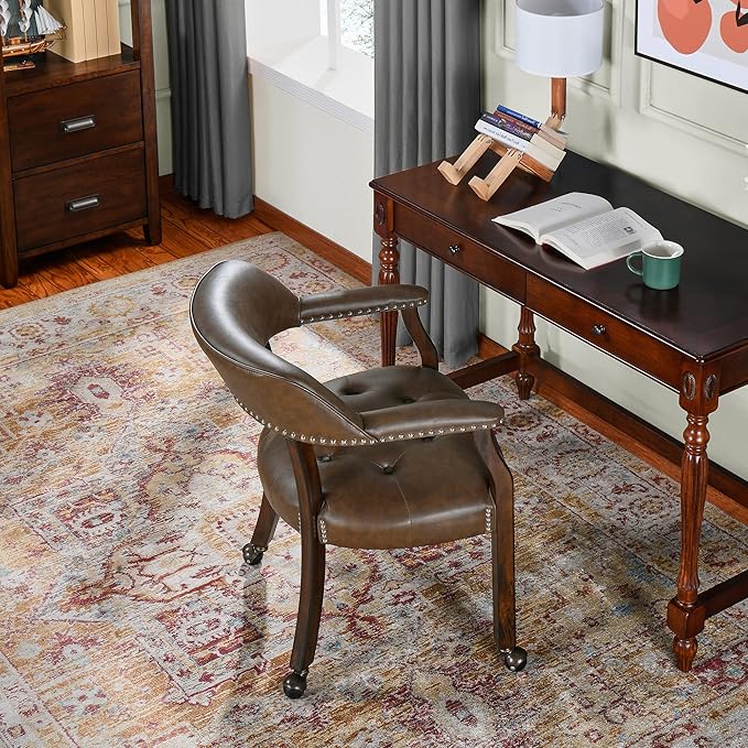 LEEMTORIG Large Dining Chairs with Casters and Arms, Rolling Dining Chairs with Wheels, Game Poker Table Chairs, Boss Caption's Chairs, 26"D x 25.2"W x 31.5"H, Espresso Legs & Choalate PU, XXY-1910-BN