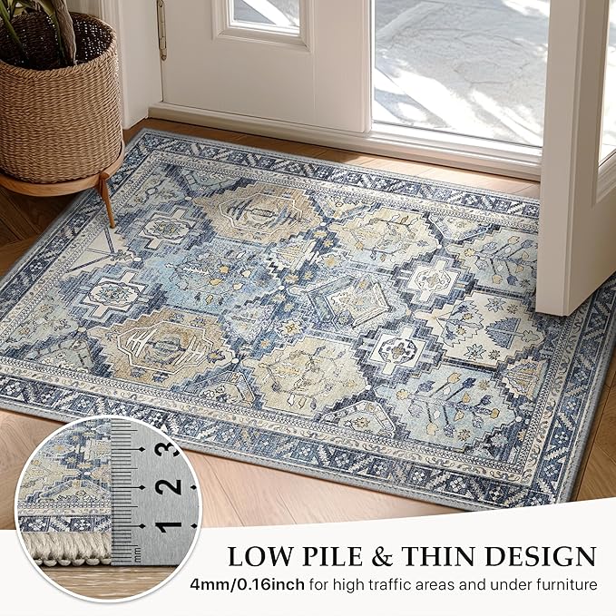 GENIMO 8x10 Area Rugs for Living Room, Machine Washable Non Slip Vintage Rugs, Low Pile Lightweight Chenille Print Rug for Bedroom, Dining Room, Home Office, Brown Blue