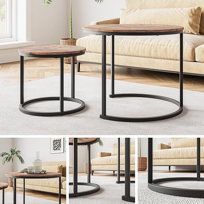 Small Coffee Table Living Room, Black Round Coffee Table Nesting Table Set of 2,Metal Frame with Wood Sofa Table,Sturdy and Easy Assembly,Stacking Side Table for Bedroom,Office,Balcony