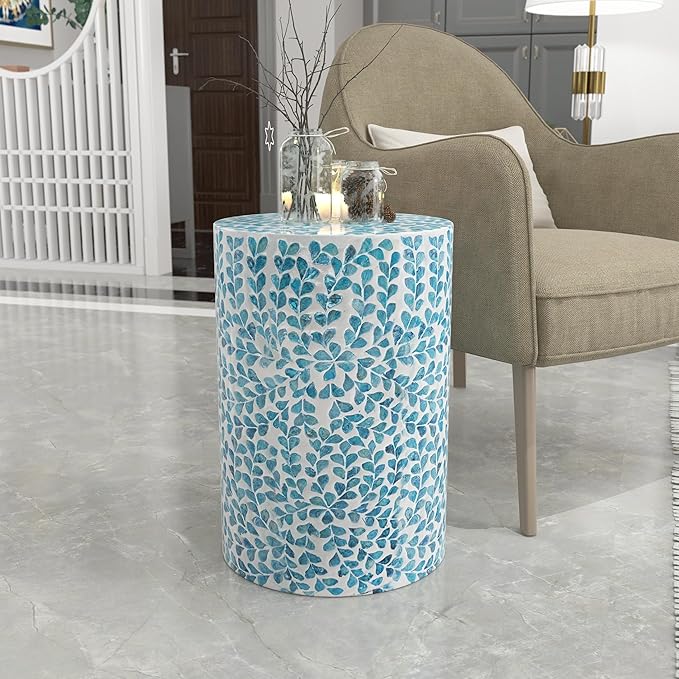 PEMAR Mother of Pearl Inlaid Cylinder Drum End Table Nacre Capiz Shell Side Table Stool Round Coffee Bedside Accent Nightstand and Vanity Stool (Teal Floral)