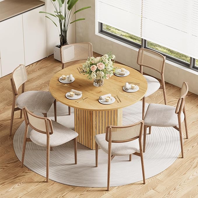 LITTLE TREE Round Wood Dining Table, 47-Inch Small Dining Table for 4, Modern Circle Kitchen Table with Wood Strip Base for Kitchen Living Room, Walnut