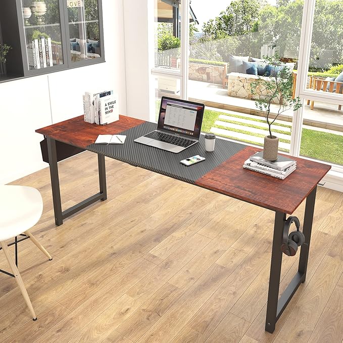 Decoholic 71Inch Home Office Computer Two-Color Panel Desk with Storage Bag and Hook, Black, Sandalwood Color, Industrial Modern Laptop Desk