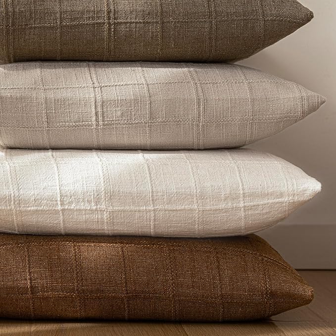 Foindtower Set of 2 Decorative Linen Check Throw Pillow Covers Neutral Farmhouse Vintage Cushion Covers Modern Boho Home Decor For Sofa Chair Couch Bedroom Living Room Outdoor,22×22 Inch,Natural Linen