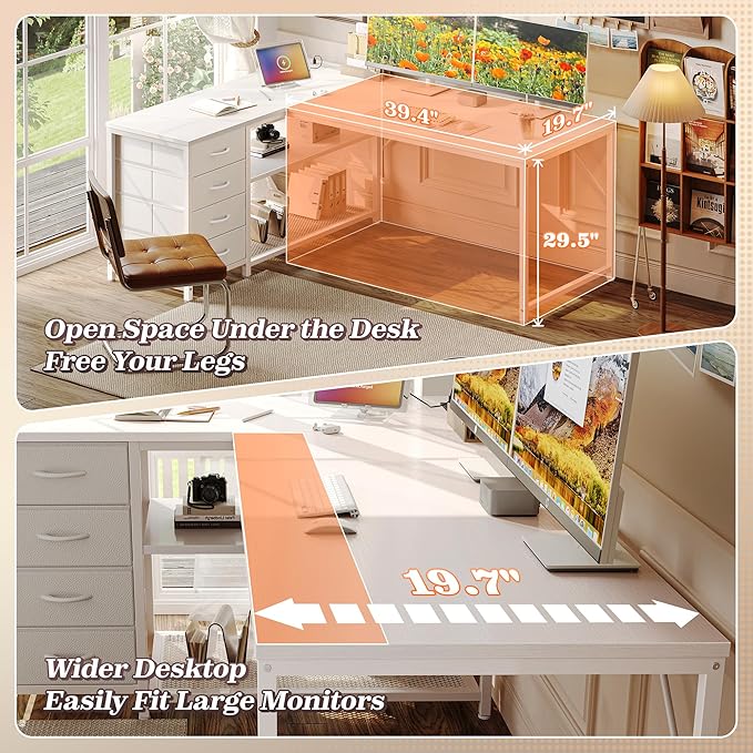 PRAISUN 53" L Shaped Desk with Power Outlets and USB-C Port, Reversible Computer Corner Office Desk with 4 Fabric Drawers and 2 Height-Adjustable Shelves, Large for Gaming Writing Work Study, White