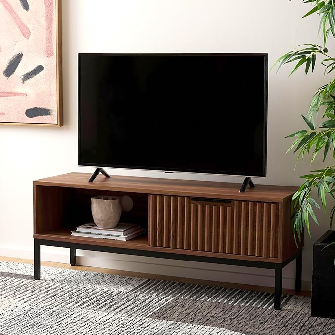 SAFAVIEH Lylia TV Stand for up to 55" Flatscreen – Walnut with Black Legs & Handle, 1 Sliding Door, 1 Open Shelf, Entertainment Media Console (MED9617A)