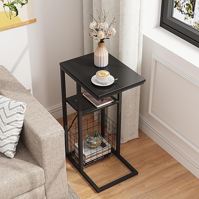 Vagusicc C Shaped End Table with Charging Station, Side Table for Couch, Small Side End Table for Small Spaces, 28" High Slide Under Sofa Table for Coffee, Tv Tray Table for Living Room, Black