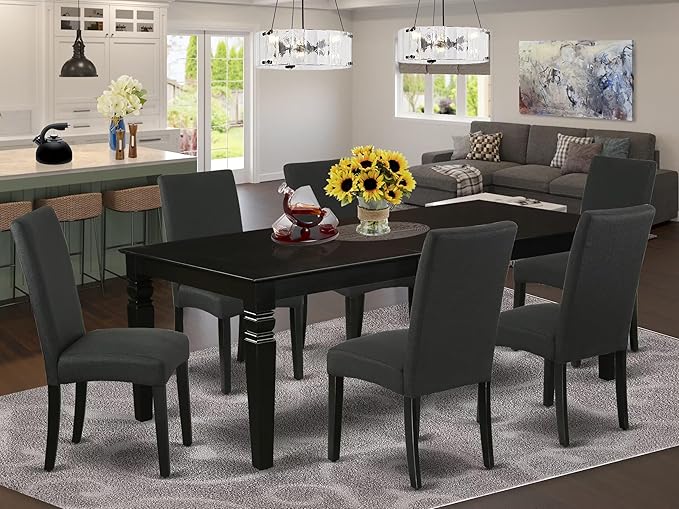 East West Furniture LGDR7-BLK-24 7 Piece Dining Table Set Consist of a Rectangle Dinner Table with Butterfly Leaf and 6 Black Color Linen Fabric Parson Chairs, 42x84 Inch, Black